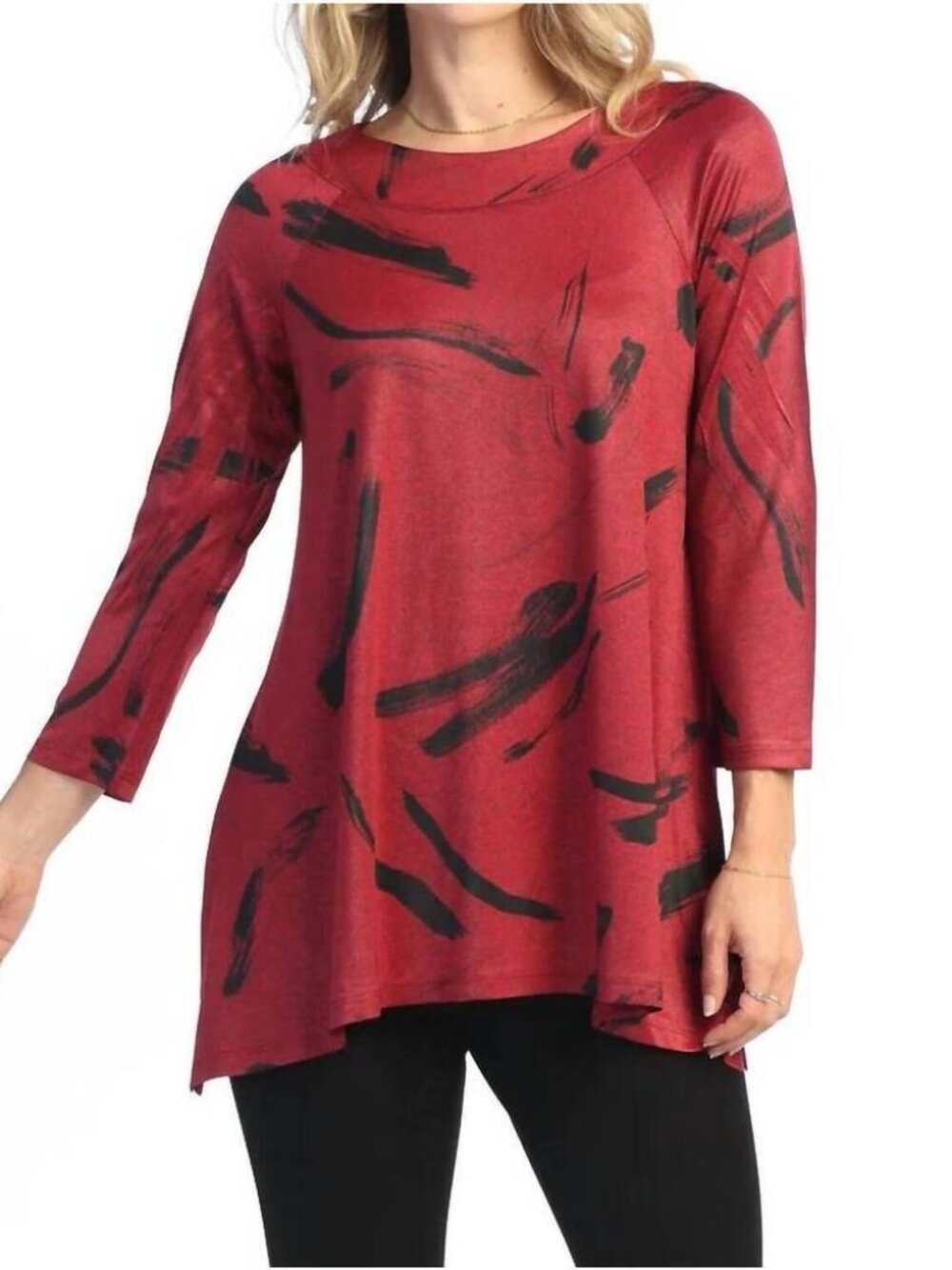 Jess & Jane Knit Tunic Size M Red Black Art to Wear Stretch Printed 3/4 Sleeves